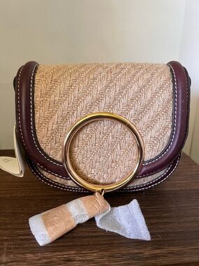 See by Chloe Woven Straw shoulder Bag with Burgundy Trim and Gold Ring